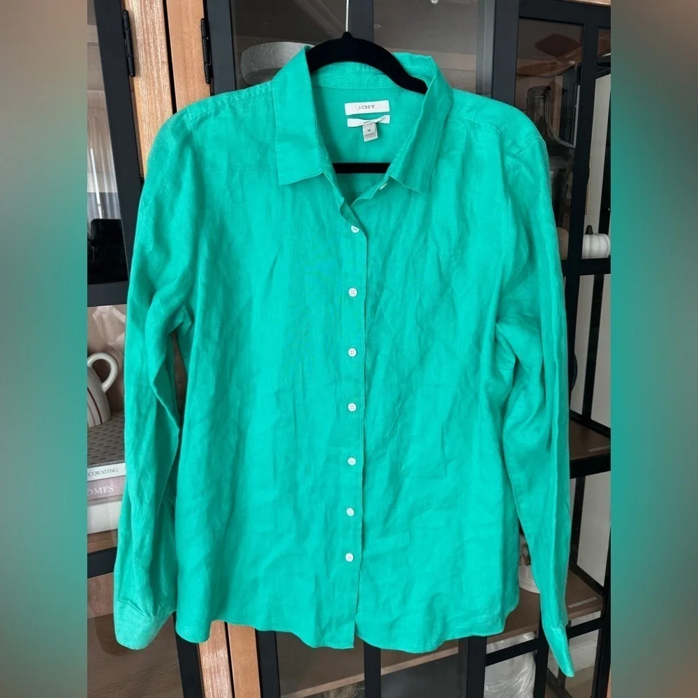 J. Crew linen button down shirt kelly green long sleeve collar perfect vintage